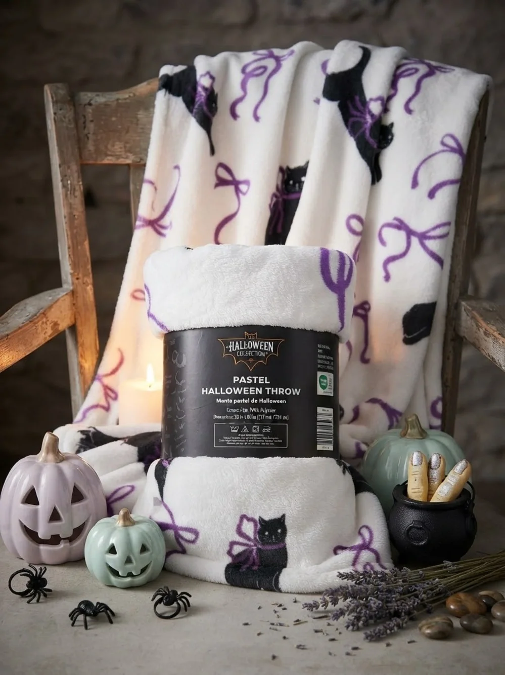 NWT Halloween Throw Blanket Black Cats & Bow